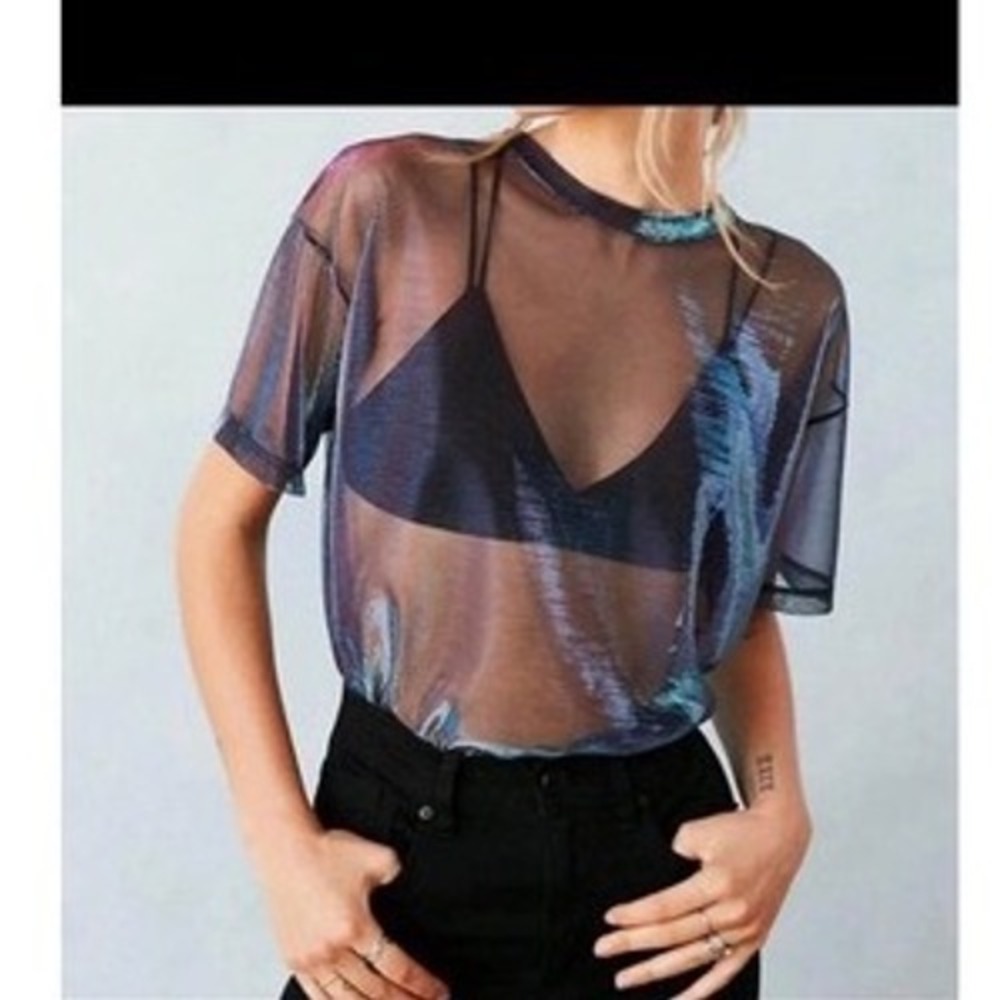 NWOT blue metallic mesh top